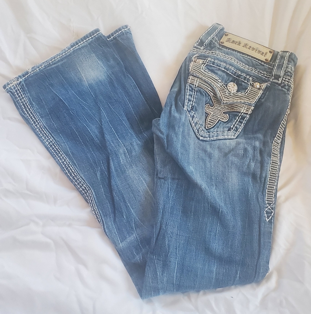 Rock Revival Kai Blue Denim Jeans Sz 25 Distressed Hem Side Slits Embellished